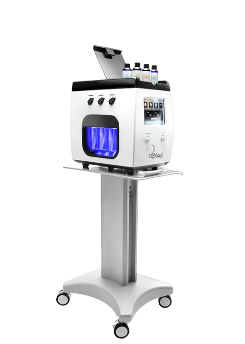 Cosmetic device on mobile stand with blue lighting.