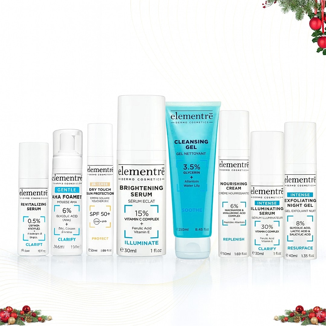 Elementrè skincare products displayed on white background.